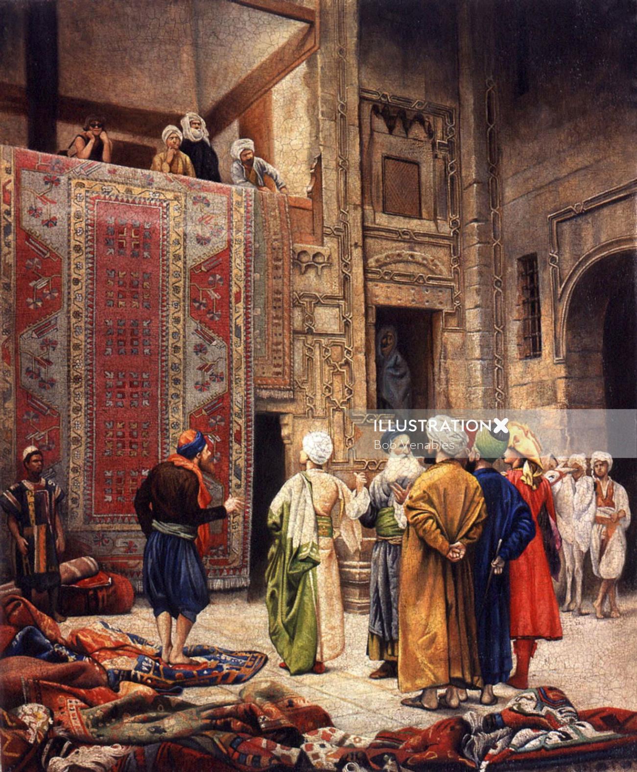 Marchand de tapis au Caire pastiche illustration