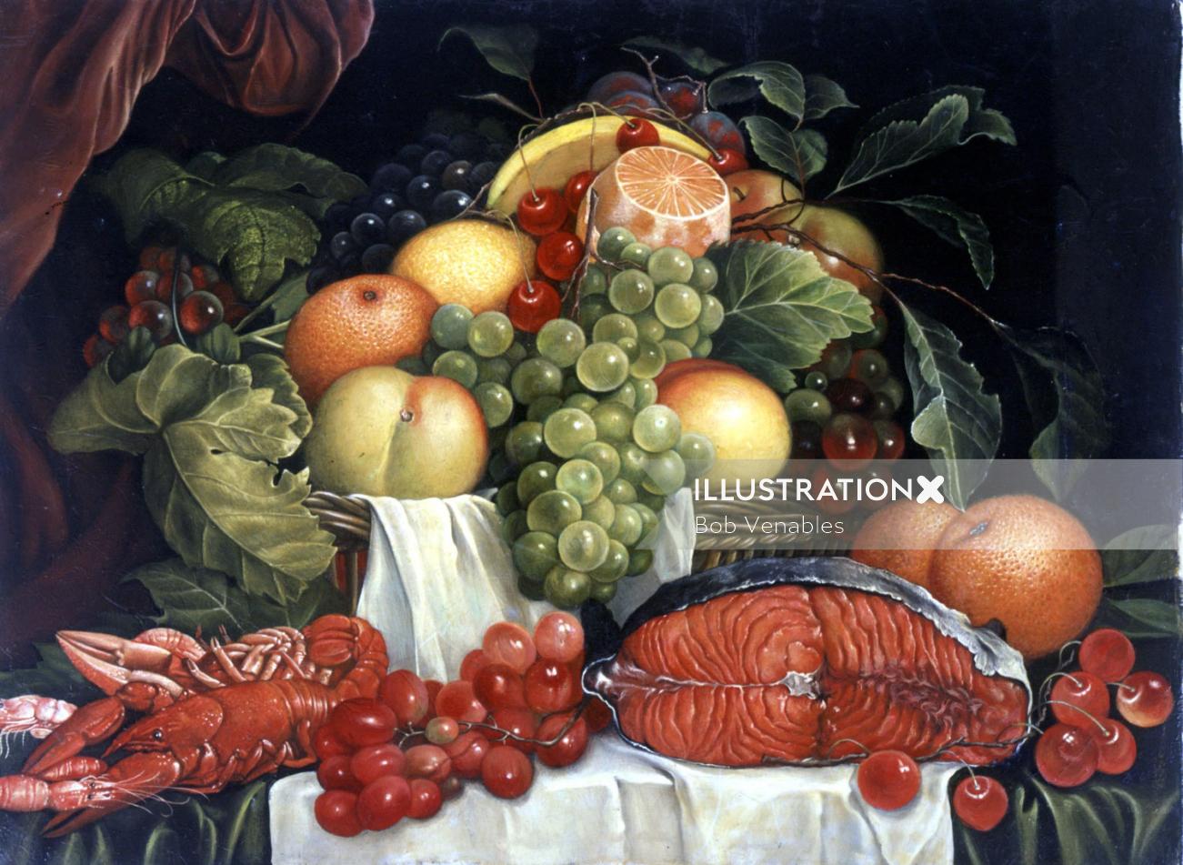 ボブ・ヴェナブルズによる魚と果物のイラスト