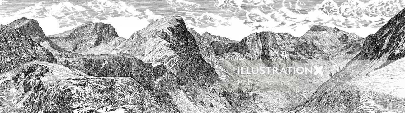Desenho de montanha em preto e branco