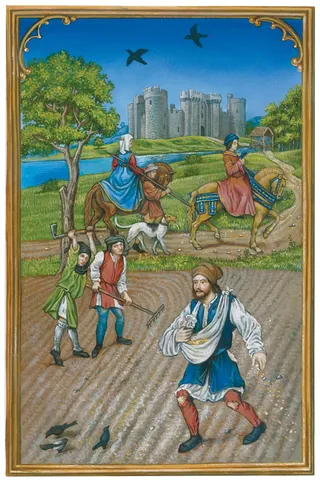 Medieval farmers and horseback riders near a castle, painted by Bob Venables