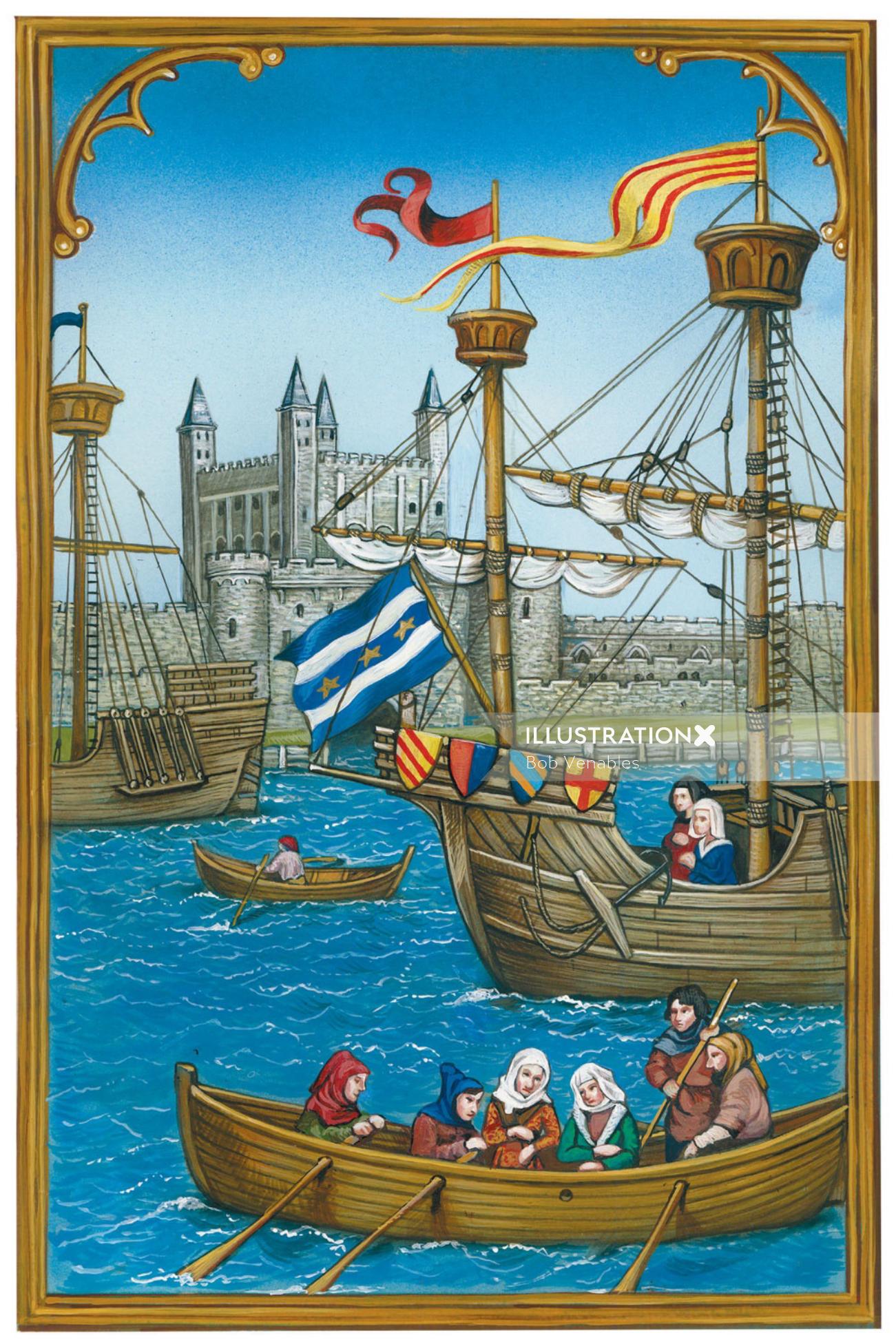 船のパスティーシュの絵で旅行する人々
