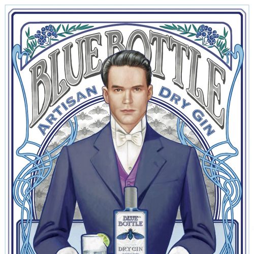 Blue Bottle Artisan Dry Gin promotional poster