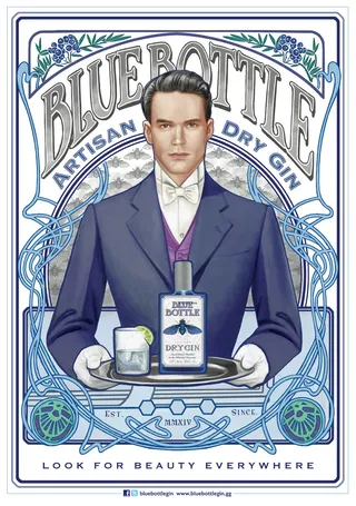 Blue Bottle Artisan Dry Gin promotional poster