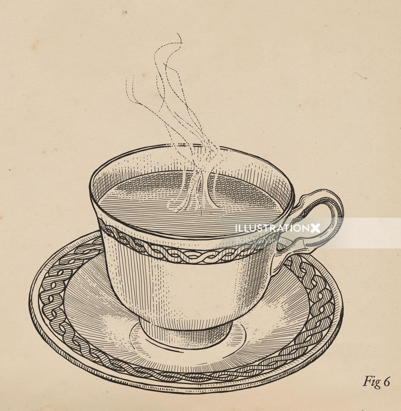 Ilustração em preto e branco de xícara de chá