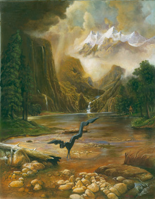 Arte fotorrealista del río de montaña.