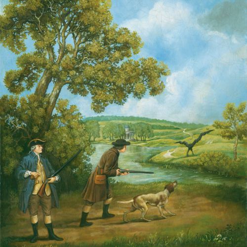 Historical painting of man hunting at countryside