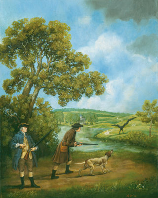 Pintura histórica del hombre cazando en el campo.