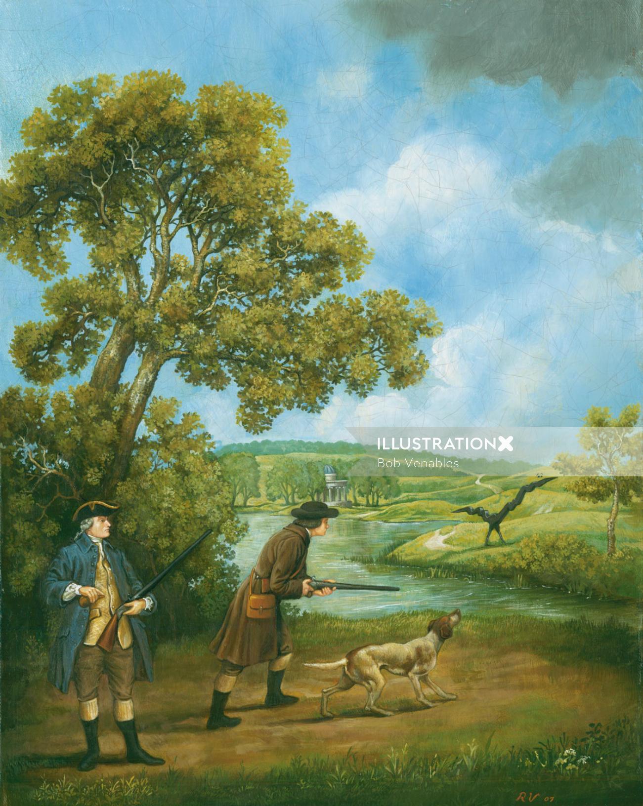 Pintura histórica do homem caçando no campo