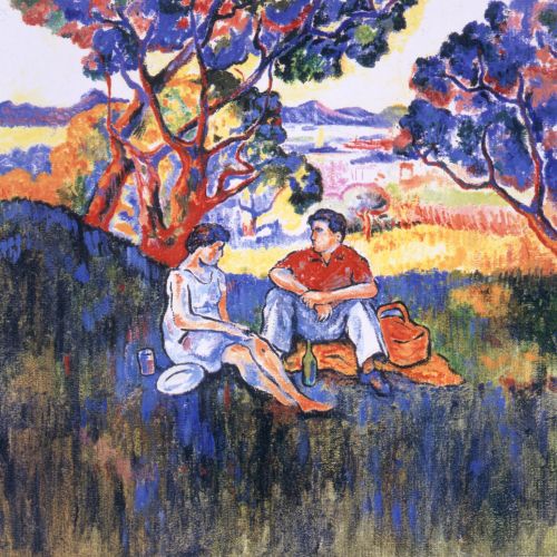 Painting of love couple at countryside