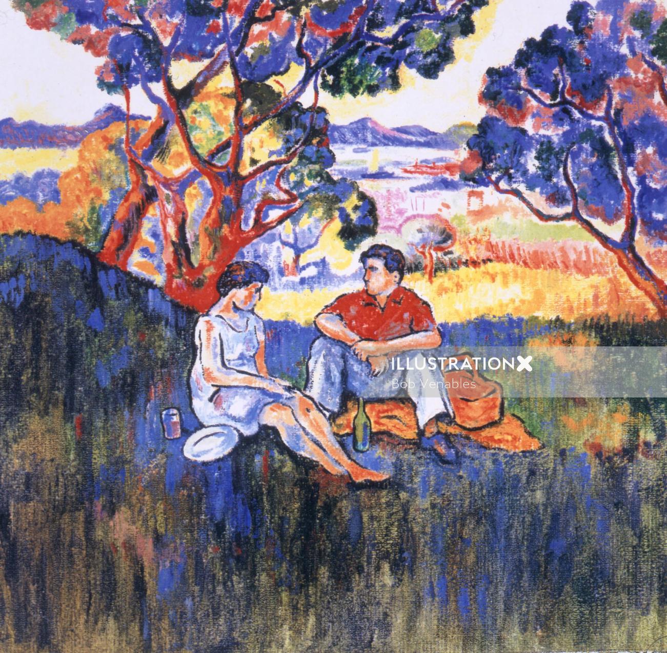 Painting of love couple at countryside