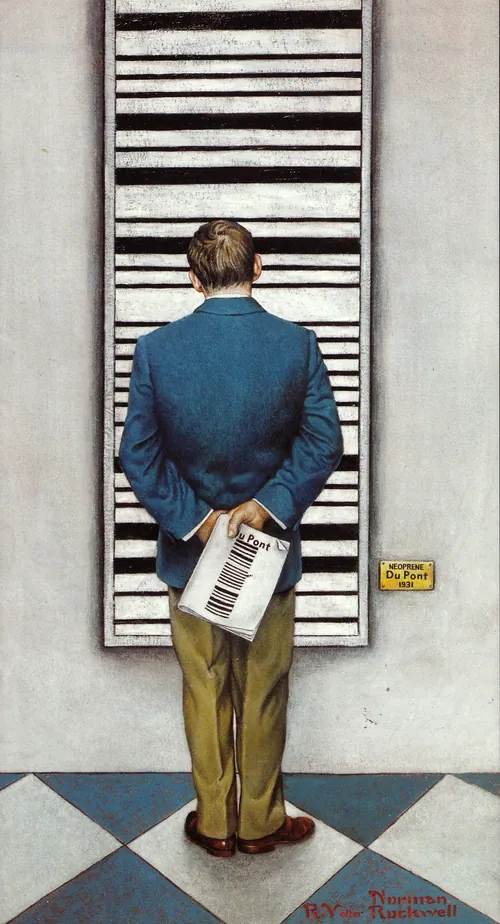 Man looking at large piano keyboard on wall by Bob Venables
