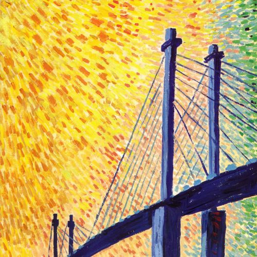 Oil painting of cable-stayed bridge