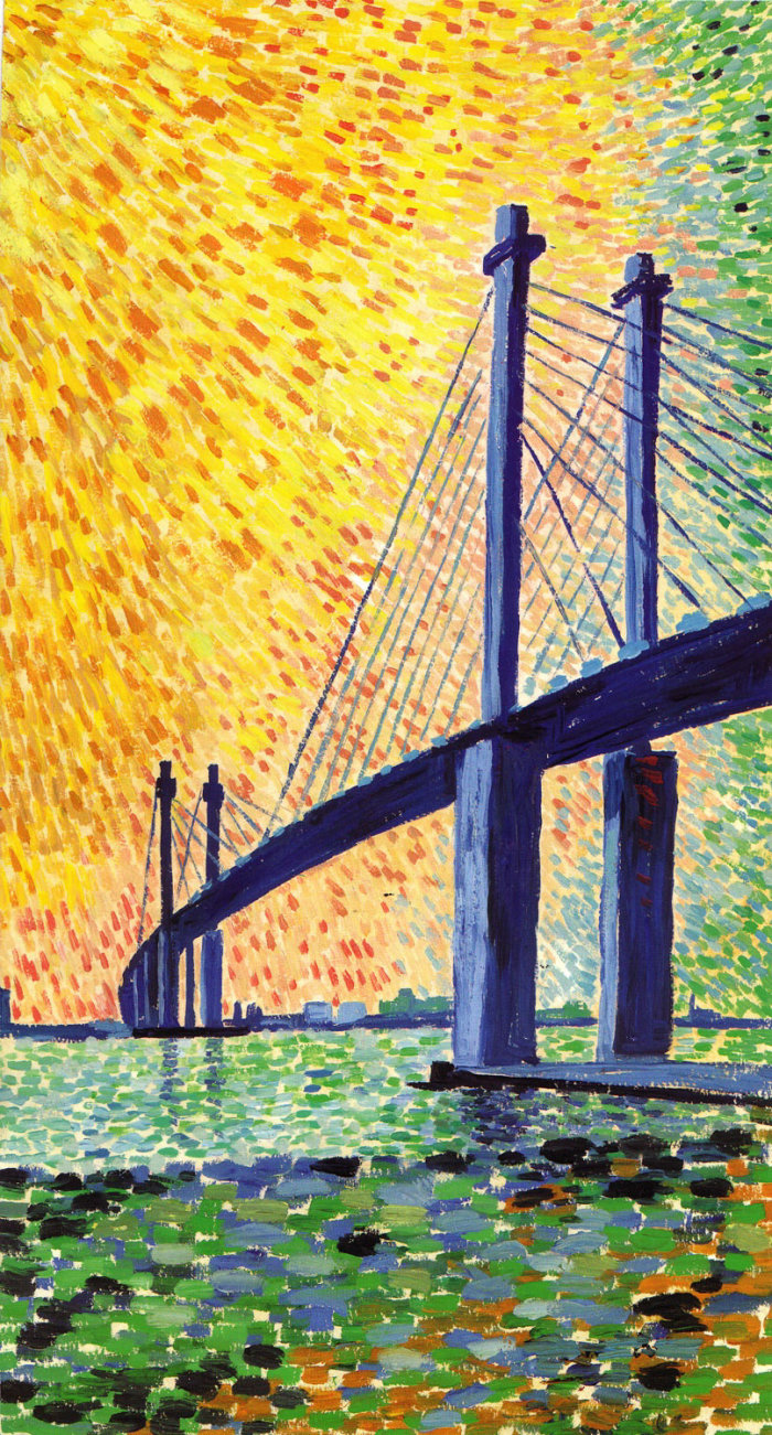 Oil painting of cable-stayed bridge