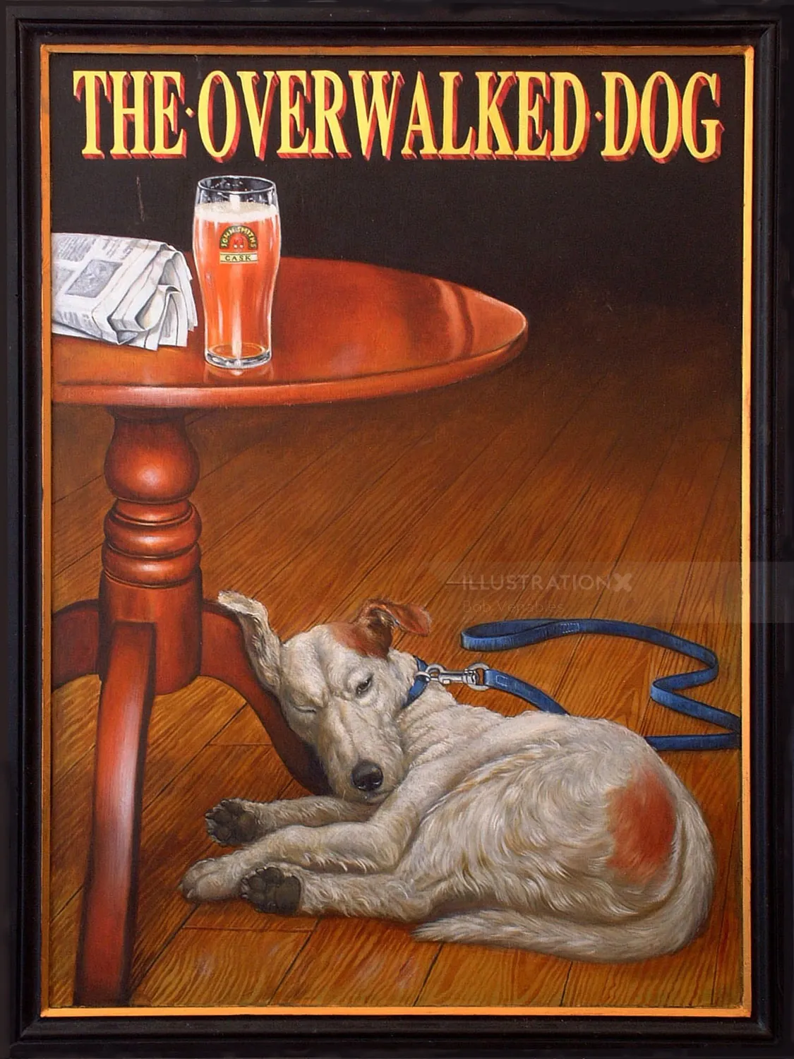 Painting of a tired dog lying under a table with a pint and newspaper by Bob Venables