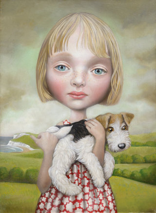 retrato de una niña con perro
