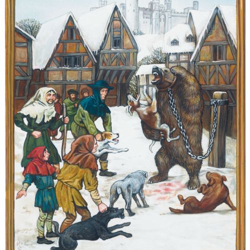 Medieval village with villagers and dancing bears in snow, artwork by Bob Venables
