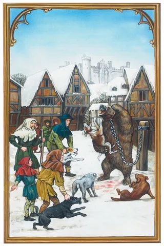 Medieval village with villagers and dancing bears in snow, artwork by Bob Venables