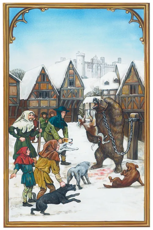Medieval village with villagers and dancing bears in snow, artwork by Bob Venables