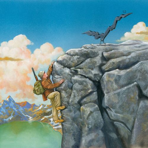 Hiker climbing rocky cliff with bird flying above by Bob Venables