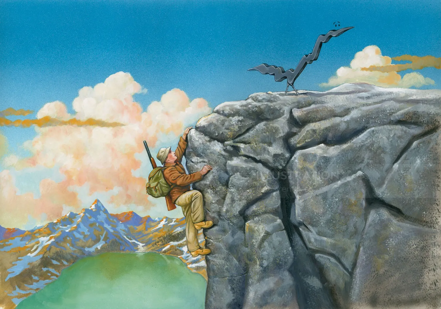 Hiker climbing rocky cliff with bird flying above by Bob Venables
