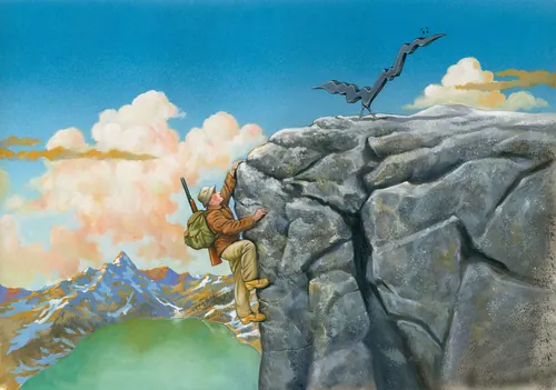 Hiker climbing rocky cliff with bird flying above by Bob Venables