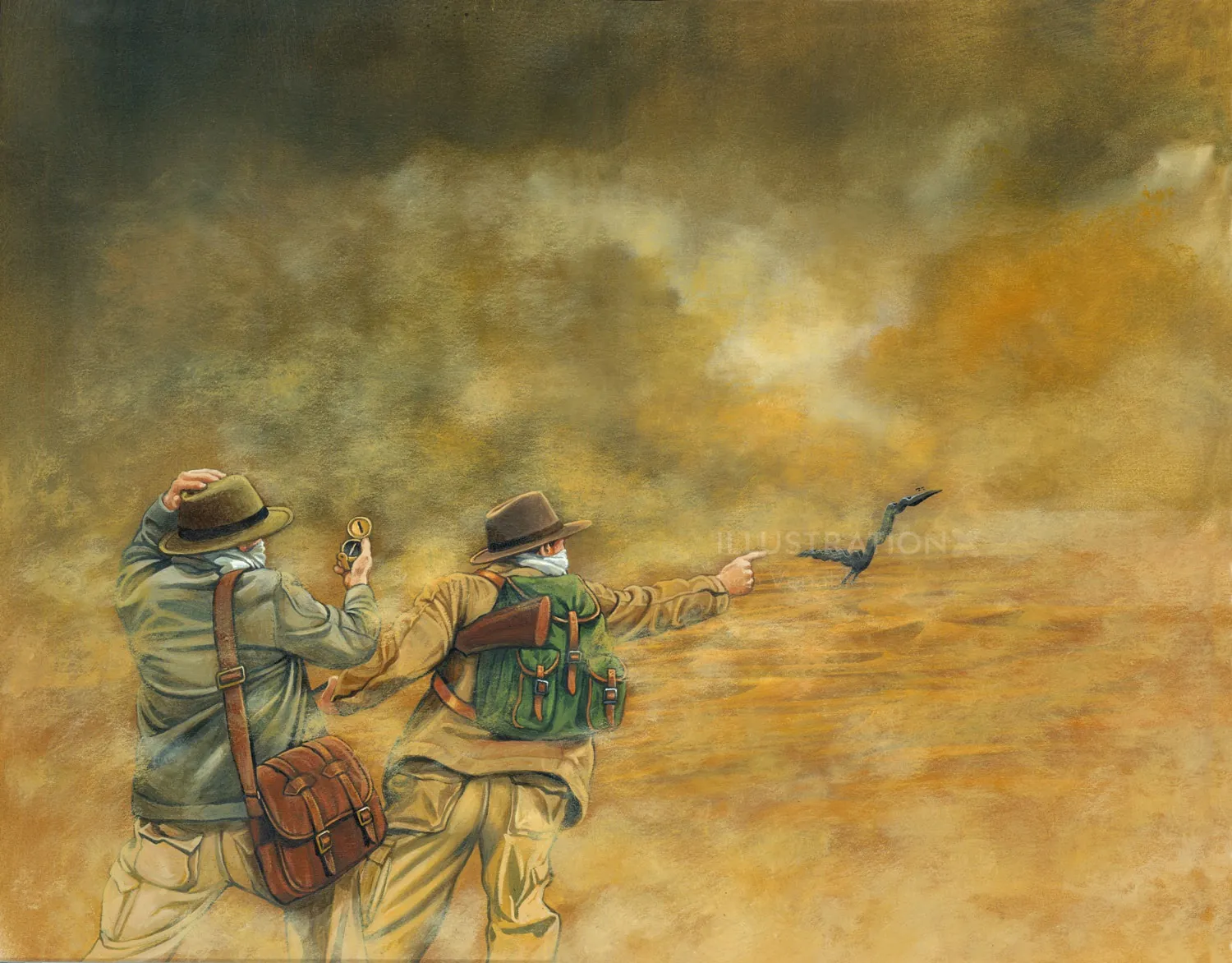 Two hunters shooting at bird in smoky outdoor setting by Bob Venables