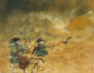 Two hunters shooting at bird in smoky outdoor setting by Bob Venables