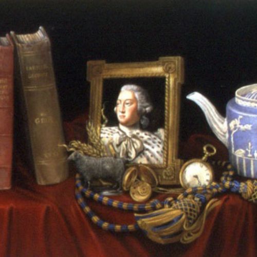 Still life with vintage books, teapot, pocket watch, keys, and cup by Bob Venables