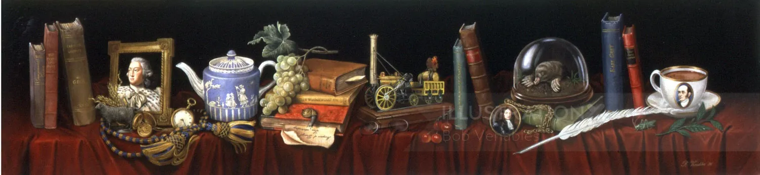 Still life with vintage books, teapot, pocket watch, keys, and cup by Bob Venables