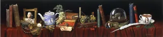 Still life with vintage books, teapot, pocket watch, keys, and cup by Bob Venables
