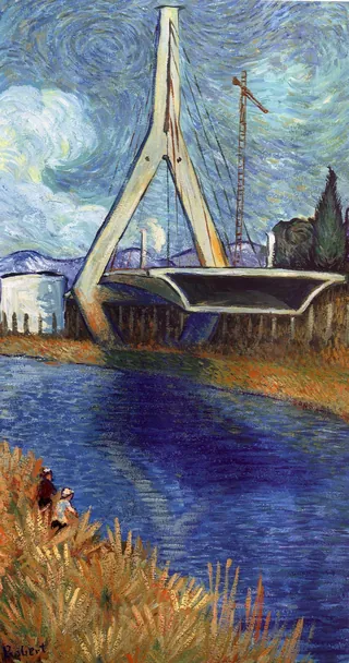 Impressionist painting of a modern bridge over a river by Bob Venables