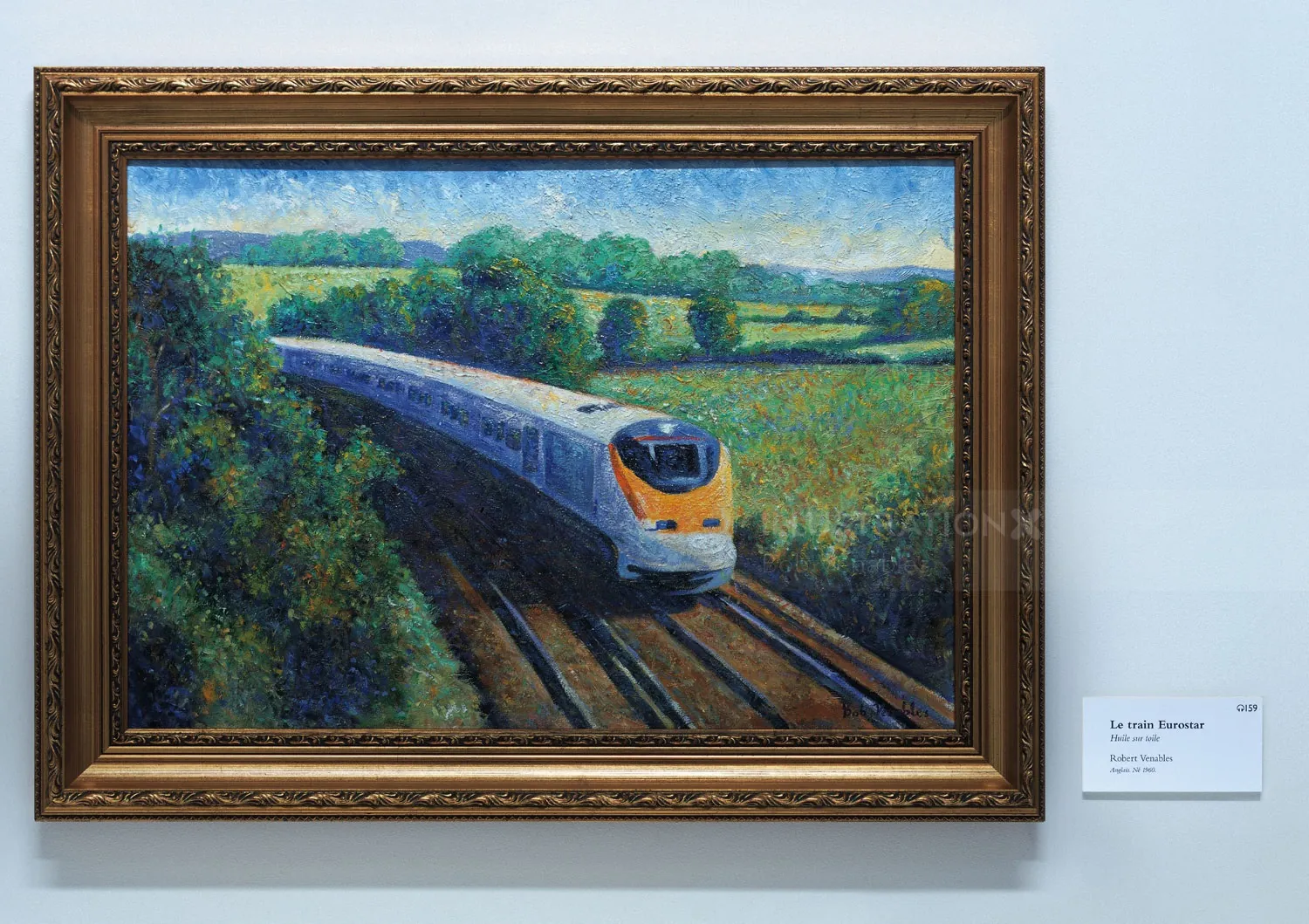 Painting of a high-speed train in countryside by Bob Venables