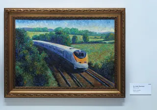 Painting of a high-speed train in countryside by Bob Venables
