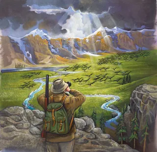 Hunter with binoculars overlooking mountain valley and winding streams by Bob Venables