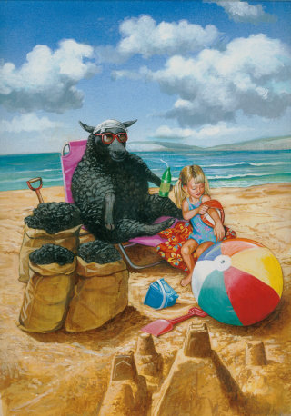Menina e ovelha negra relaxando na praia