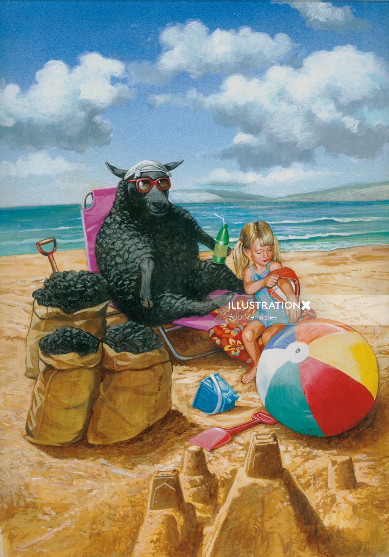 Menina e ovelha negra relaxando na praia