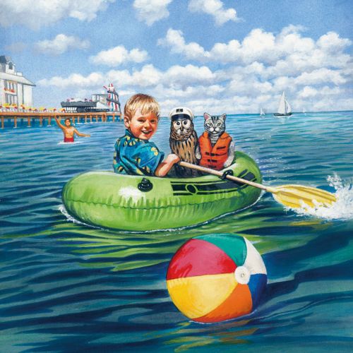 Child and two dogs in green inflatable boat on lake by pier, painted by Bob Venables