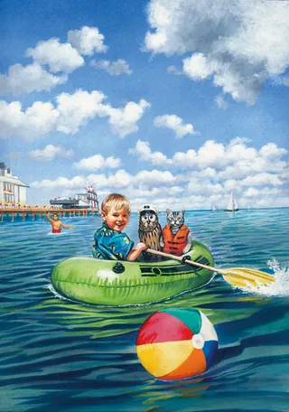 Child and two dogs in green inflatable boat on lake by pier, painted by Bob Venables