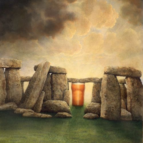 Stonehenge monument during sunset with glowing orange light, by Bob Venables