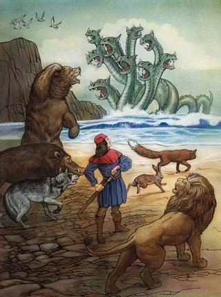 Illustration of man and animals facing a multi-headed sea monster by Bob Venables