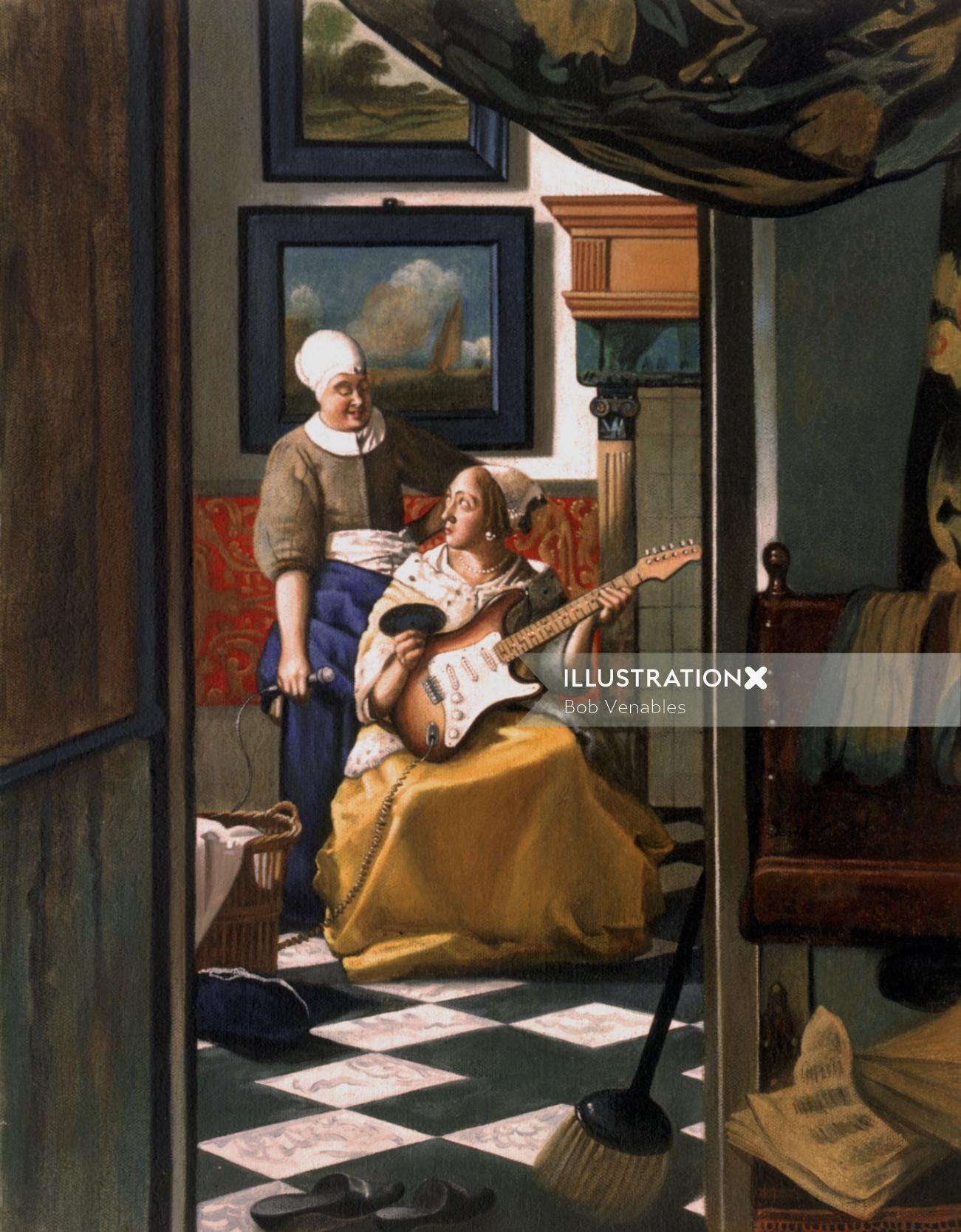 Peinture d&#39;histoire d&#39;une fille jouant de la guitare
