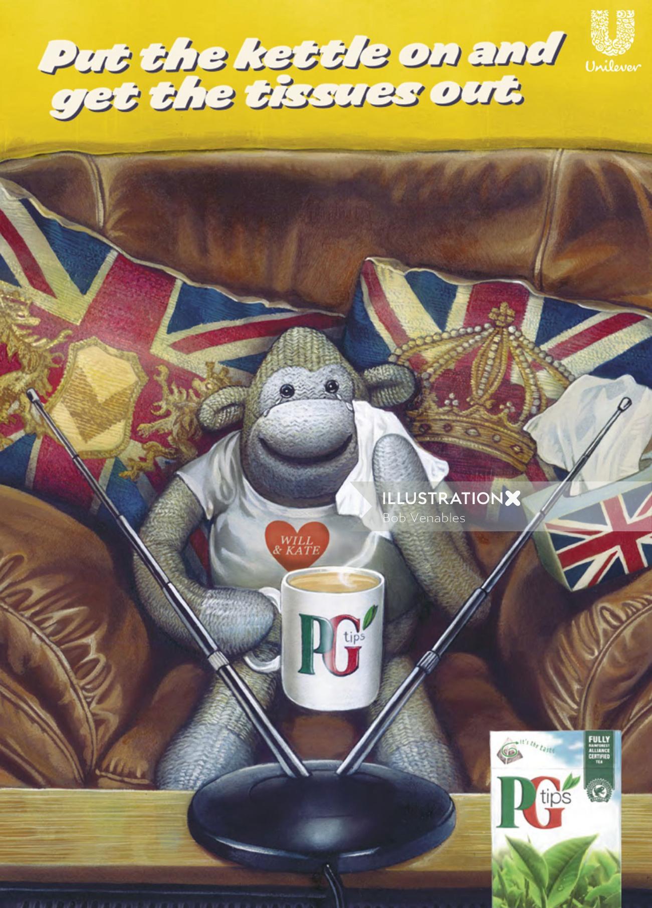 Ilustração publicitária de saquinhos de chá PG Tips