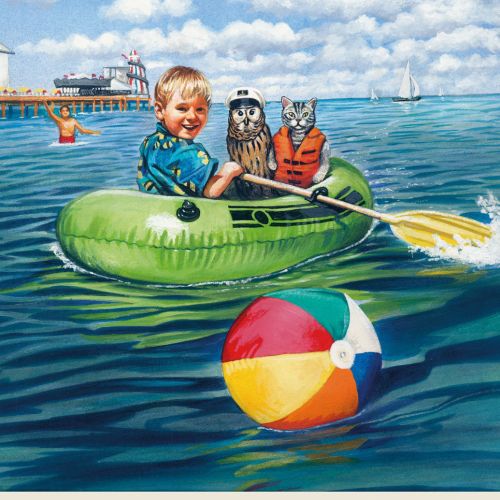 Kid boating with animal retro poster art