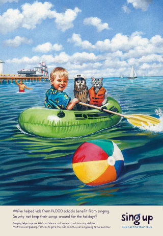 儿童划船与动物复古海报艺术