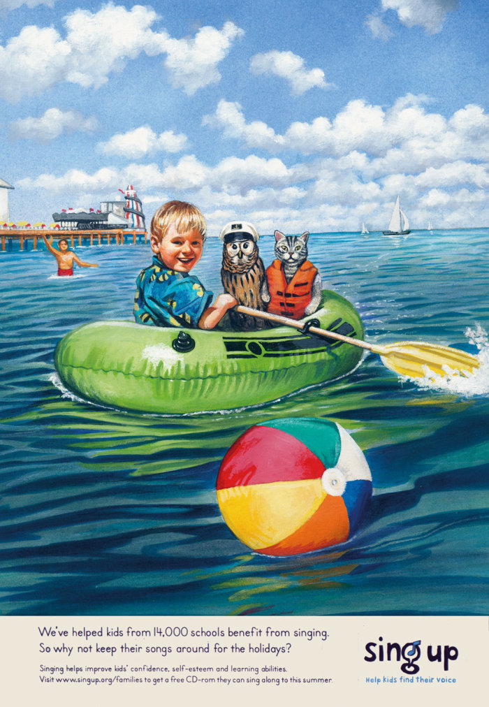 Kid boating with animal retro poster art