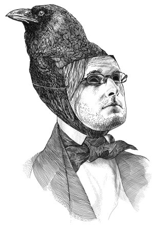 Homem com xilogravura de chapéu de corvo