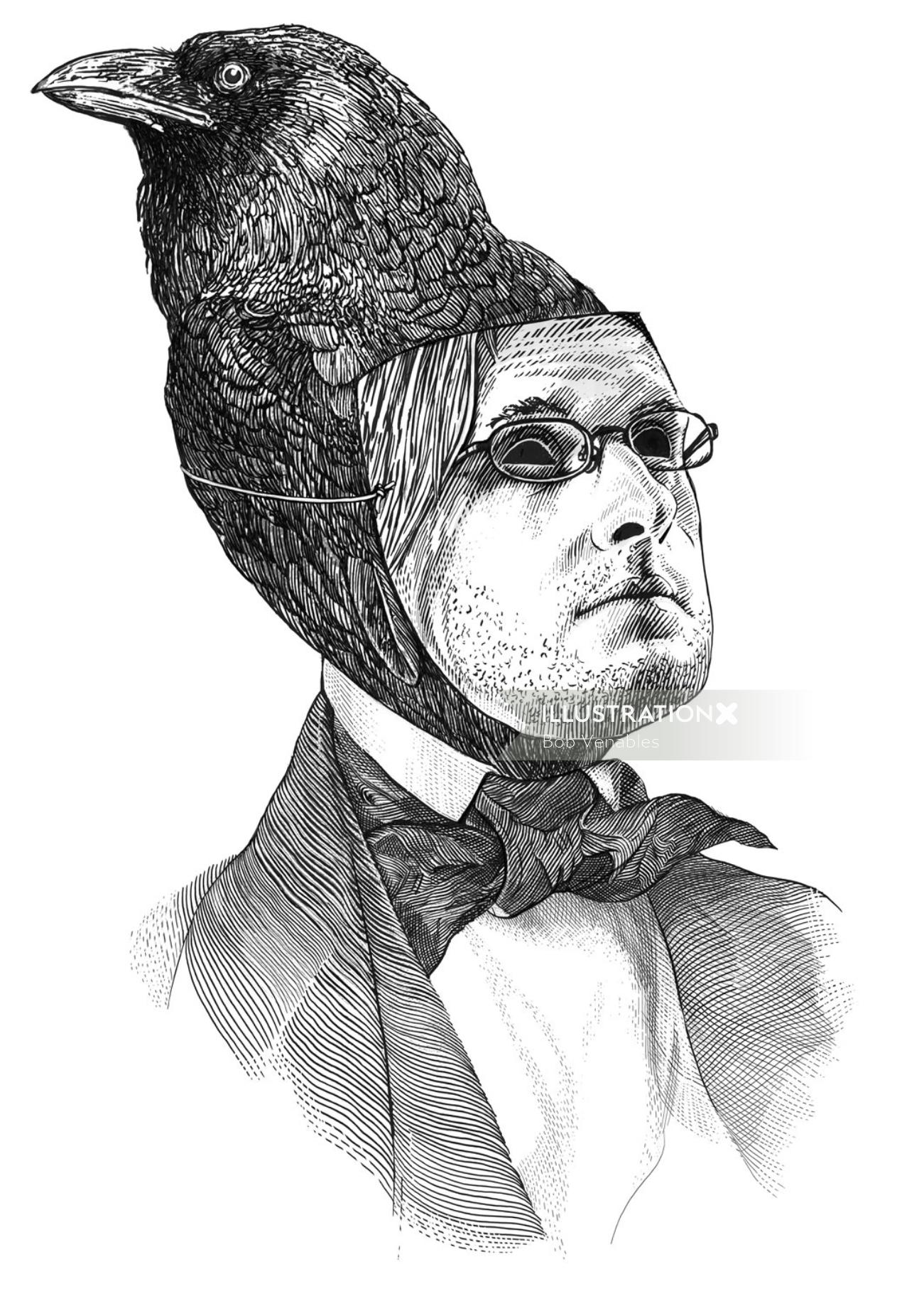 Homme avec l&#39;art de la gravure sur bois Crow hat