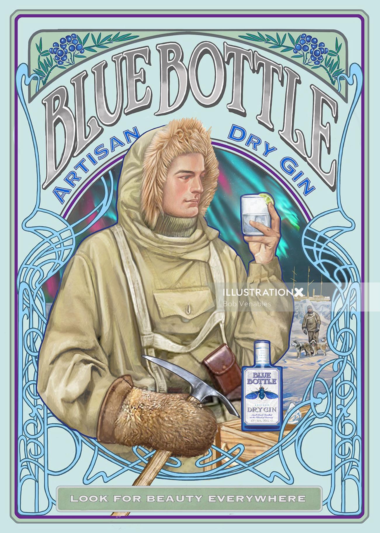 Cartaz publicitário de Blue Bottle Artisan Dry Gin
