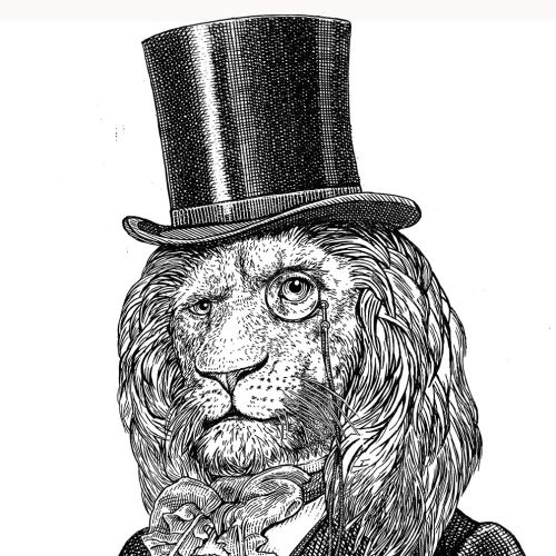 Illustration of lion with top hat and monocle by Bob Venables