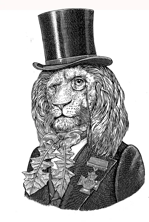 Illustration of lion with top hat and monocle by Bob Venables